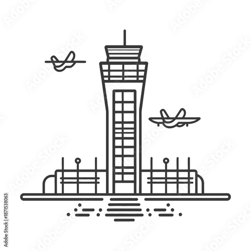 Airport Control Tower with Airplanes Flying Overhead