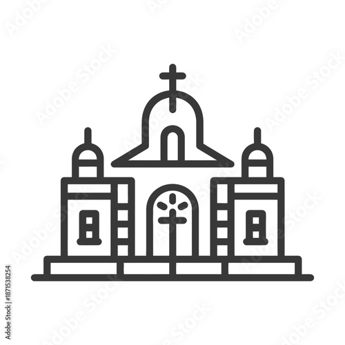 Line art drawing of a church building with a cross