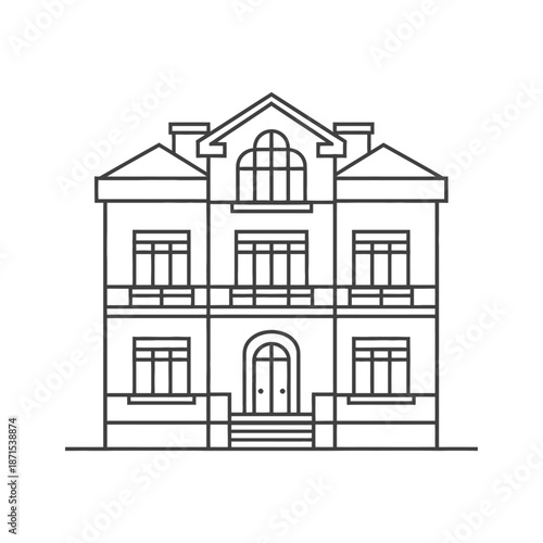 Two Story House Architectural Line Drawing Illustration
