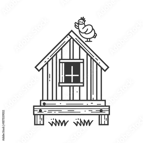 Wooden Chicken Coop With Bird On Roof