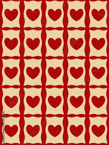 Repeating raster pattern of red hearts on a beige background