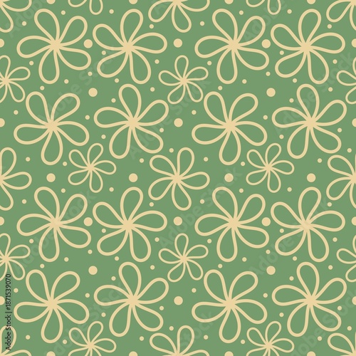 Raster seamless pattern with linear outlines of flowers on a green background