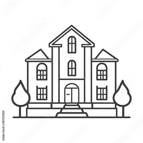 A line drawing depicts a grand house with trees