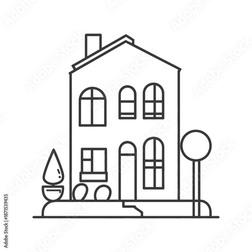 Line drawing of a two story house with landscaping