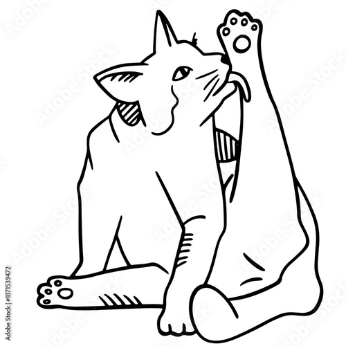 Cute Doodle Cat Licking Paw Hand Drawn Illustration for Pet Care, Grooming, and Animal Love Concepts