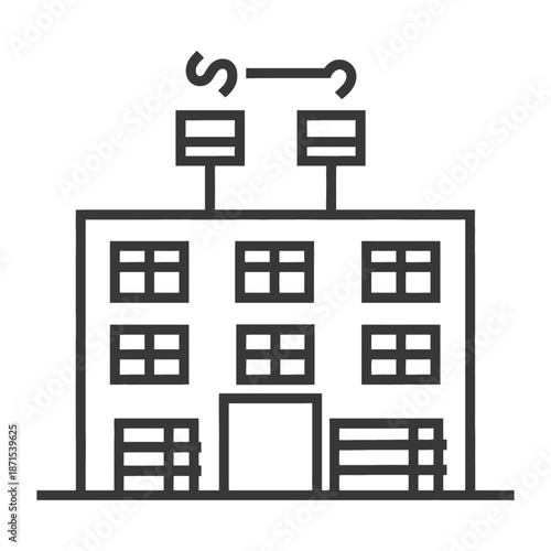 Line art illustration of a multistory building with solar panels
