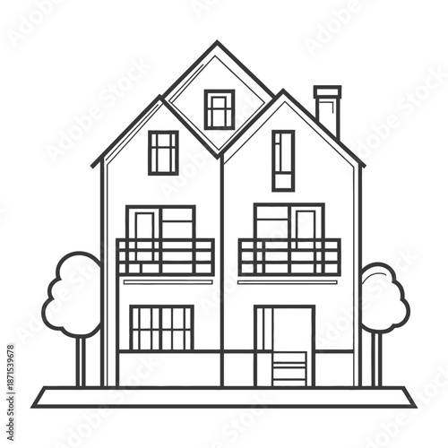 Line drawing of a two story house with balconies and trees