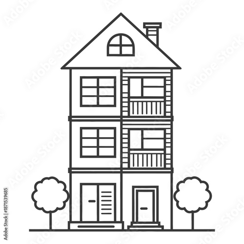 Three story house with balconies and trees