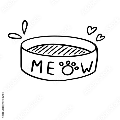 Cat Bowl Doodle Illustration Hand Drawn Cute Pet Feeding Dish for Cat Food and Water
