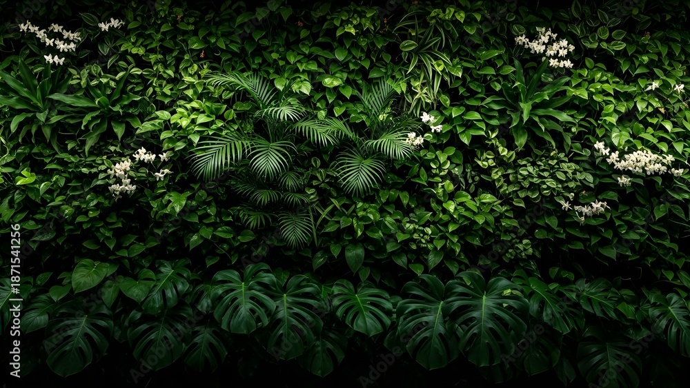 Obraz premium A serene vertical garden showcasing a lush tapestry of vibrant green plants, embodying sustainable biophilic design and bringing the tranquility of nature into contemporary architectural spaces