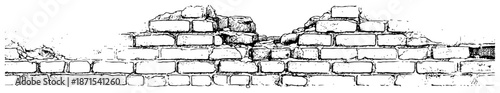 Hand drawn illustration of an old crumbling brick wall in a ruinous state