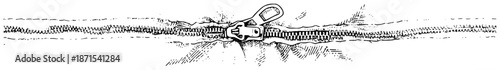 Detailed hand drawn zipper on fabric material in vintage engraving sketch style