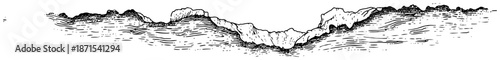 Hand drawn vintage landscape ground with rocky mountains in engraving style
