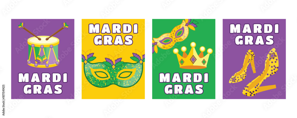 Fototapeta premium Mardi Gras vertical carnival banners and greeting cards with drum, mask, shoes, crown and feathers