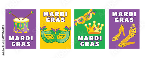 Mardi Gras vertical carnival banners and greeting cards with drum, mask, shoes, crown and feathers