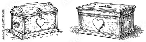 Hand drawn illustration of vintage wooden chests and donation boxes with heart symbols