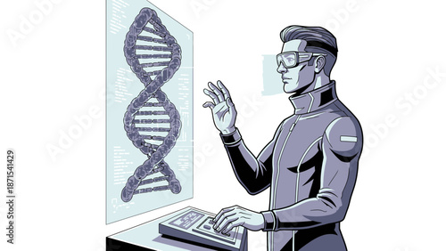 Man Interacting with DNA Helix on Screen.