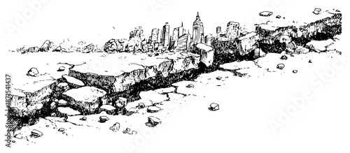 Hand drawn sketch of a massive earthquake disaster with a giant crack in the ground near a city skyline