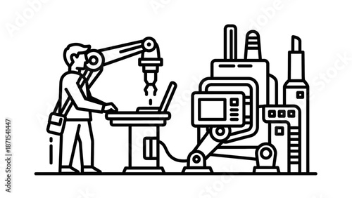 Man Operating Industrial Robotic Arm Machine.