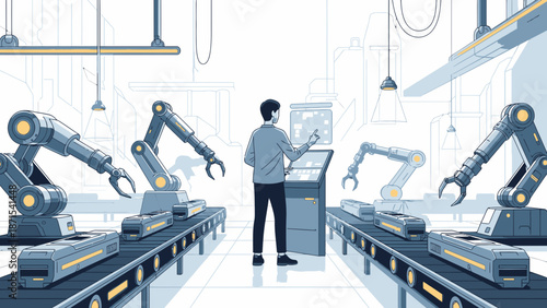 Man Operating Industrial Robots in Factory.