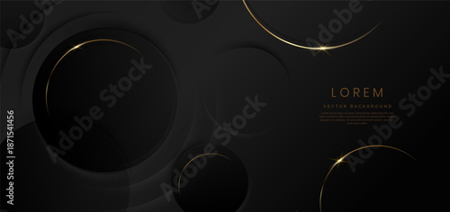 Abstract 3d black circles layer background with gold lines curved  sparkle with copy space for text.