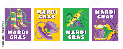 Mardi Gras vertical carnival banners and greeting cards with beads, costumes, shoes, hats, jester symbols, feathers and drums