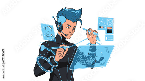 Man Wearing Headphones Working on Tablet.