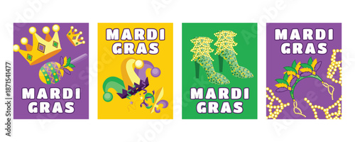 Mardi Gras vertical festival banners and greeting cards set with crowns, maracas, jester hat, shoes, costumes, beads and confetti