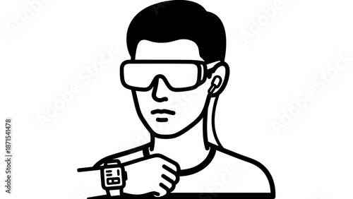 Man Wearing Virtual Reality Headset and Gloves.