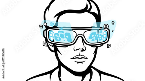 Man Wearing Futuristic Virtual Reality Glasses.
