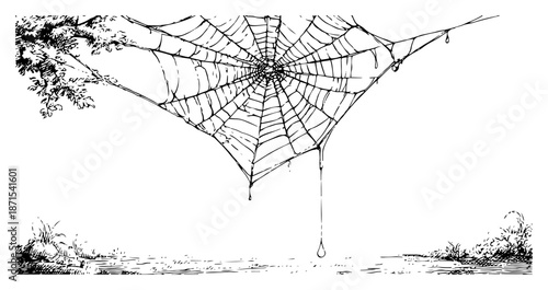 Detailed hand drawn spider web with water drop in vintage engraving style