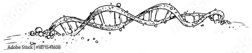 Detailed scientific sketch of a DNA double helix strand with floating particles