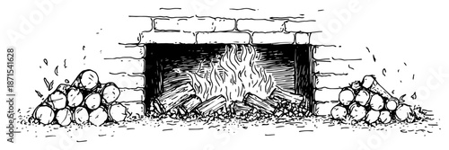 Hand drawn sketch of a cozy brick fireplace with burning logs and wood piles