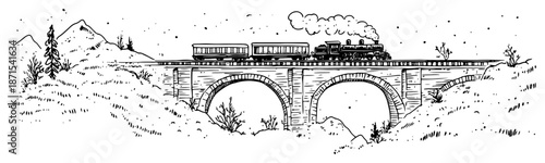 Hand drawn illustration of a vintage steam train crossing a stone arch bridge in the mountains