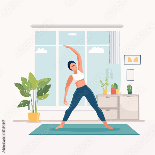 Woman Practicing Yoga in a Serene Home Environment with Plants and Natural Light
