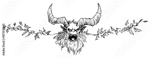 Hand drawn vintage monster head with horns and holly branches in engraving style