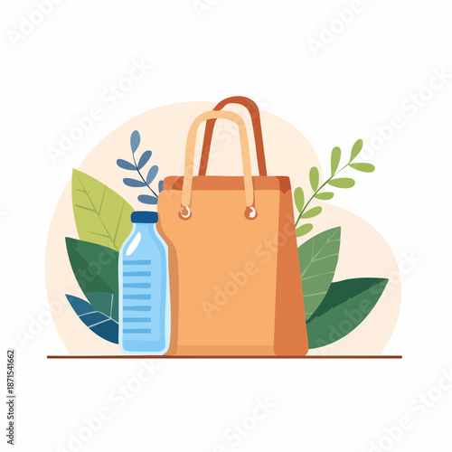 Eco-friendly lifestyle illustration featuring a reusable bag and water bottle surrounded by green leaves