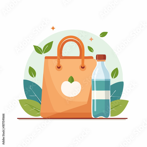 Sustainable shopping bag and reusable water bottle in a minimalist illustration with eco-friendly icons and leaves