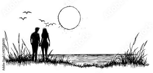 Hand drawn illustration of a couple holding hands at sunset with birds flying over water