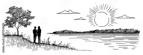 Romantic hand drawn landscape sketch of a couple watching the sun over a lake