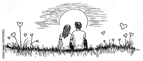 Hand drawn romantic illustration of a couple sitting on grass watching the sunset with heart flowers