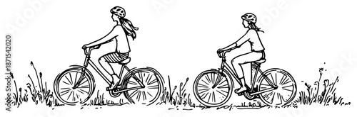 Vintage hand drawn women riding bicycles through a meadow in engraving style