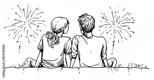 Hand drawn romantic sketch of a couple sitting and watching fireworks in the night sky