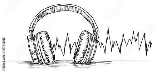 Hand drawn illustration of headphones with a music sound wave frequency