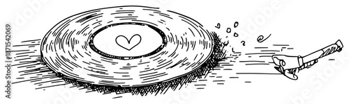 Hand drawn sketch of a vinyl record spinning with a heart in the center