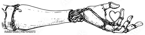 Hand drawn sketch of a robotic mechanical hand holding a small heart symbol