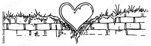Minimalist hand drawn heart integrated into a brick wall in vintage sketch style