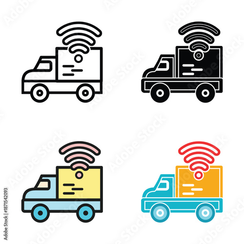 Vector illustration set of a delivery truck with wireless signal icon in multiple color styles. Concept of smart logistics, real time tracking, IoT transportation, connected delivery, and digital ship