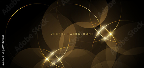 Luxury Black Abstract Background with Overlapping Gold Circles and Light Glow