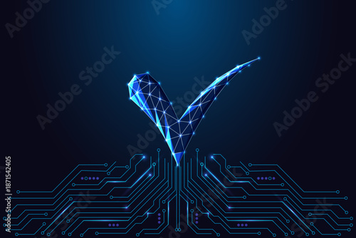 Digital check mark glowing above circuit board, AI validation, approval and automated decision